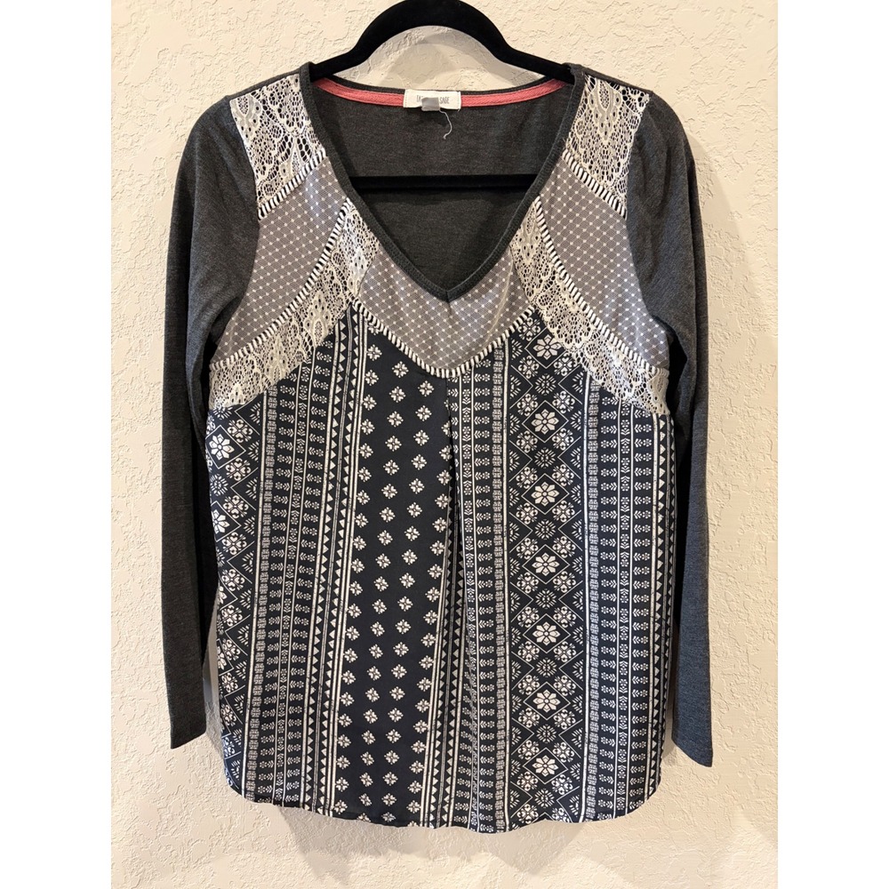 Taylor & Sage Womens Mixed Media Lace Boho Geometric Long Sleeve Top Large Gray